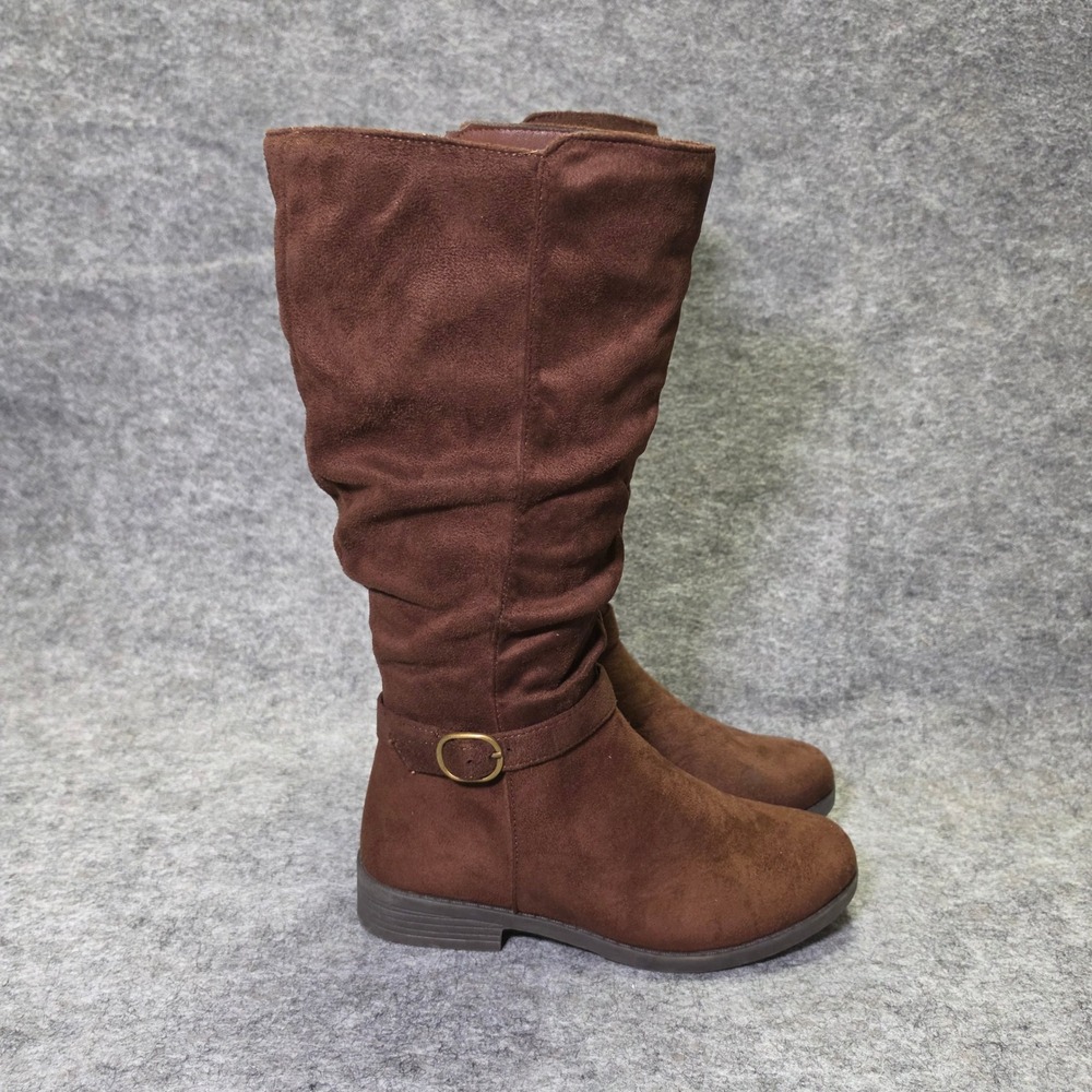 Pop Womens Chambers Boot Faux Suede Brown 8.5M Slouchy‎ Buckle Tall Boots